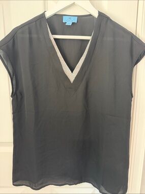 CeCe Rhinestone Black V-Neck Cap Sleeve Top with Silver Trim